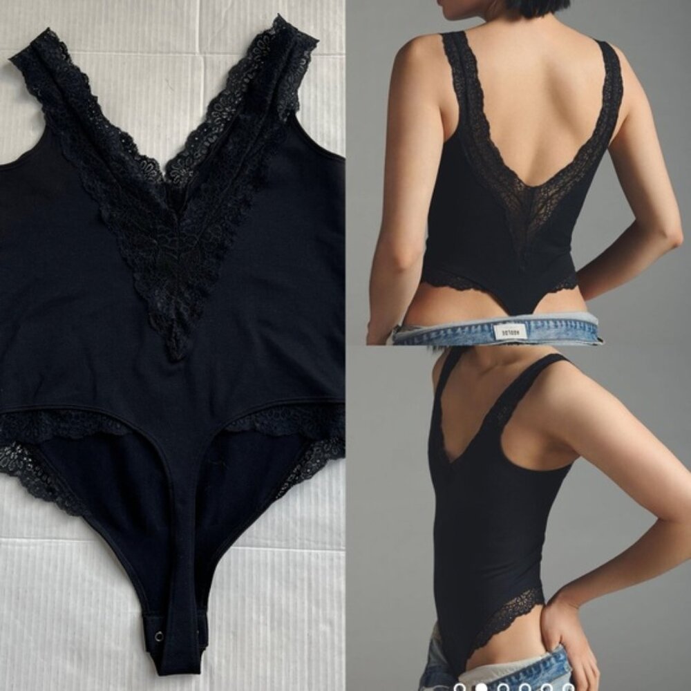 Anthropologie  BNWOT Seamless V-Neck Jacquard Bodysuit   Black EUC  S/M